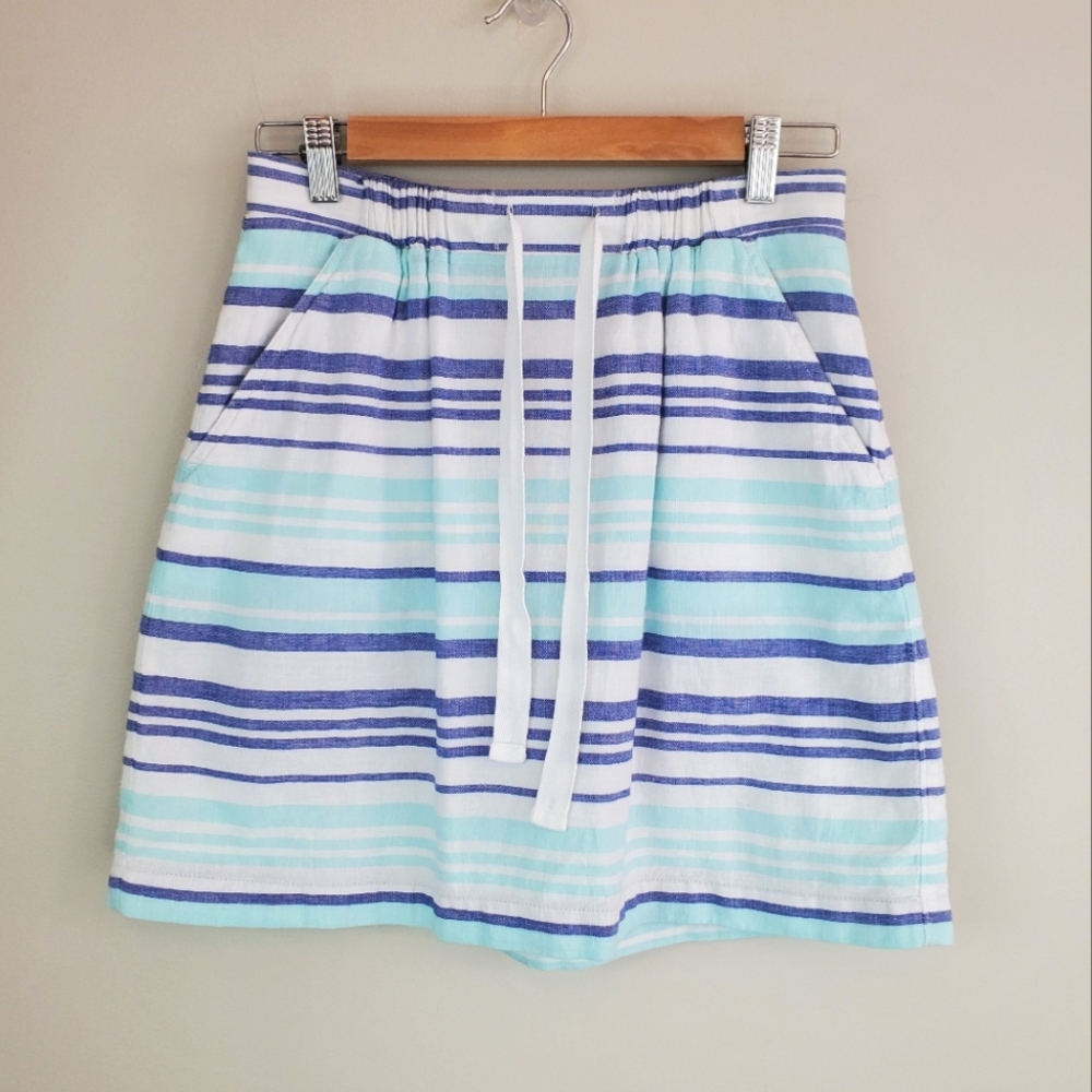 Gap Size XS Blue White Striped Tie Waist Linen Blend Lined Skirt With Pockets